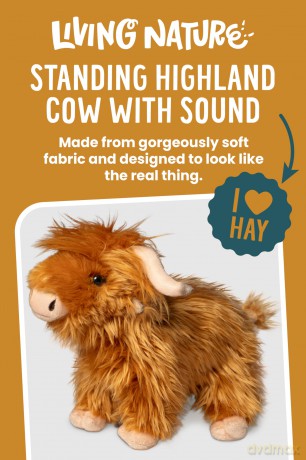 Living Nature Standing Highland Cow Brown Plush Toy | Farm Toy with Sound | Soft Toy Gift for Kids | Naturli Eco-Friendly Plush | 22 cm