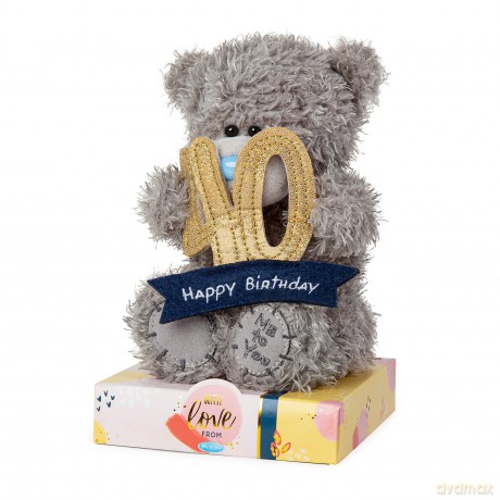 Me to You Tatty Teddy 40th Birthday Bear Holding a 40 Banner - Official Collection, Blue,gold,grey,navy