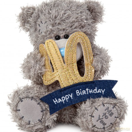 Me to You Tatty Teddy 40th Birthday Bear Holding a 40 Banner - Official Collection, Blue,gold,grey,navy