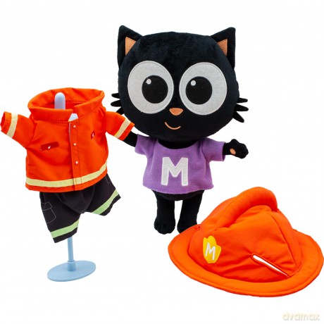 Milo Black Cat Plush Toy - 25cm Amazing Dress Up Milo Soft Toys with Changeable Firefighter Outfit | Interactive Kawaii Plush with Sounds and Phrases | Cute Anime Talking Teddy Bear for Boy and Girl