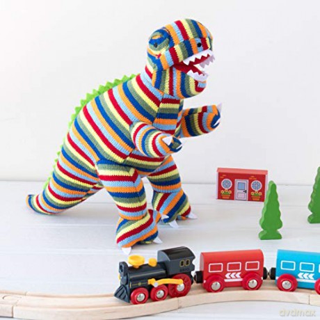 Multi Striped Knitted T Rex Dinosaur Soft Toy. Suitable from Birth