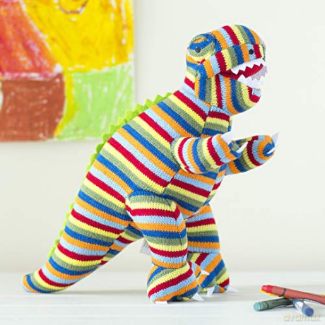Multi Striped Knitted T Rex Dinosaur Soft Toy. Suitable from Birth
