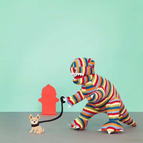 Multi Striped Knitted T Rex Dinosaur Soft Toy. Suitable from Birth