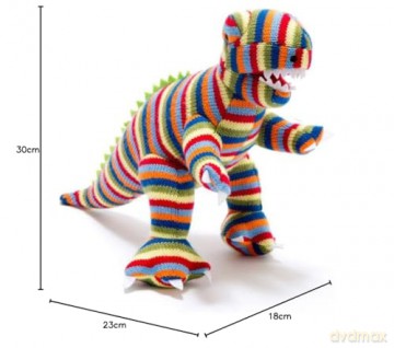 Multi Striped Knitted T Rex Dinosaur Soft Toy. Suitable from Birth