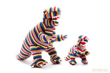 Multi Striped Knitted T Rex Dinosaur Soft Toy. Suitable from Birth