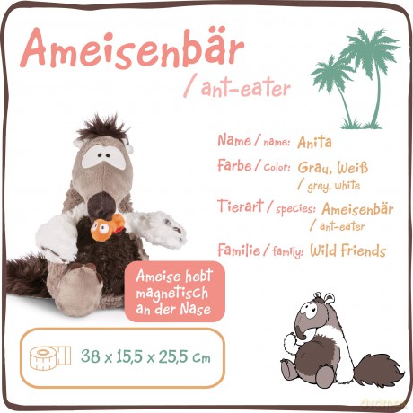NICI 45241 Cuddy Soft Toy Anteater Anita 35cm Dangling with ant, Grey/White