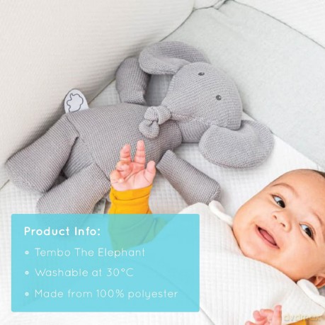 Nattou Plush Soft Toy, Stuffed Animal, Cuddly Companion, Promotes Motor Skills, Machine Washable, Extra Soft Cotton/Polyester, PETA-Approved Vegan, Jacquard, Tembo Elephant, Light Grey, 30 cm
