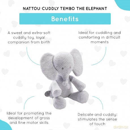 Nattou Plush Soft Toy, Stuffed Animal, Cuddly Companion, Promotes Motor Skills, Machine Washable, Extra Soft Cotton/Polyester, PETA-Approved Vegan, Jacquard, Tembo Elephant, Light Grey, 30 cm