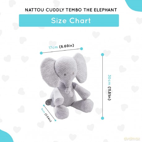 Nattou Plush Soft Toy, Stuffed Animal, Cuddly Companion, Promotes Motor Skills, Machine Washable, Extra Soft Cotton/Polyester, PETA-Approved Vegan, Jacquard, Tembo Elephant, Light Grey, 30 cm