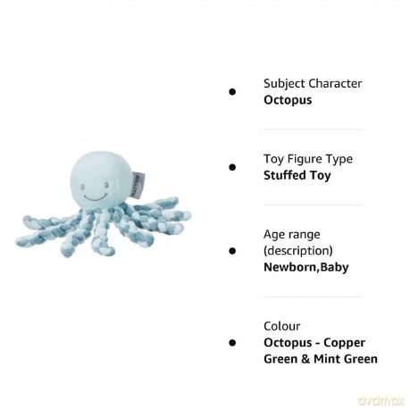 Nattou Plush Soft Toy, Stuffed Animal, Cuddly Companion, Umbilical Cord Design Reassures Baby, Machine Washable, 100 Percent Soft Polyester, PETA-Approved Vegan, Lapidou Octopus, Mint Green, 25 cm