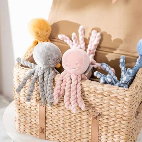 Nattou Plush Soft Toy, Stuffed Animal, Cuddly Companion, Umbilical Cord Design Reassures Baby, Machine Washable, 100 Percent Super Soft Polyester, PETA-Approved Vegan, Lapidou Octopus, Grey, 25 cm