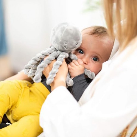 Nattou Plush Soft Toy, Stuffed Animal, Cuddly Companion, Umbilical Cord Design Reassures Baby, Machine Washable, 100 Percent Super Soft Polyester, PETA-Approved Vegan, Lapidou Octopus, Grey, 25 cm