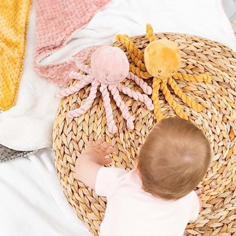 Nattou Plush Soft Toy, Stuffed Animal, Cuddly Companion, Umbilical Cord Design Reassures Baby, Machine Washable, 100 Percent Super Soft Polyester, PETA-Approved Vegan, Lapidou Octopus, Yellow, 25 cm