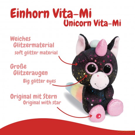 Nici 46316 galaxy Cuddy Soft Toy Glubschis Unicorn Vita-Mi 15cm, Black/Multi-Coloured Polka Dots