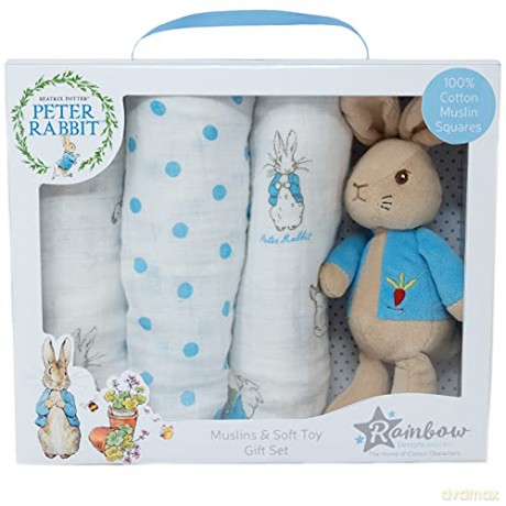 Peter Rabbit Gift Set - Unisex Beatrix Potter Soft Toy and Muslin Set