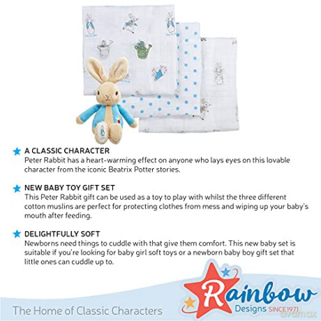 Peter Rabbit Gift Set - Unisex Beatrix Potter Soft Toy and Muslin Set