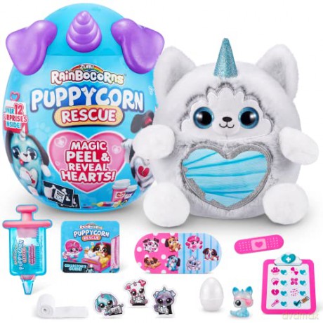 Rainbocorns 9261G Puppycorn Rescue, 12 Surprises, Stickers, Syringe Slime Heart,Puppy Plush Pet Collectible, Single, Husky (Miss T), 9.06 x 7.87 x 11.02 inches