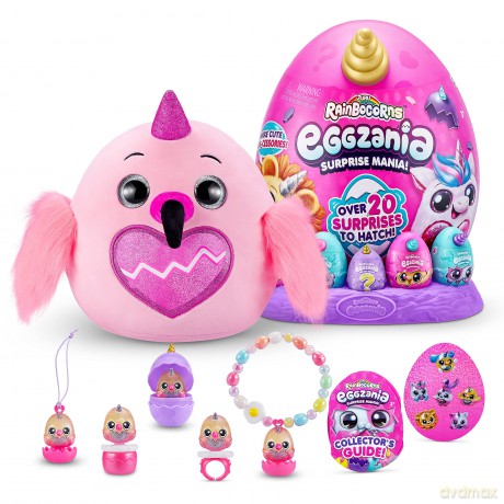 Rainbocorns Eggzania Surprise Mania Daffy the Flamingo - Collectible Plush - Over 20 Surprises Inside, 28 cm, Cuddle Plush Stuffed Animal, Rings, Bracelets, Stickers, Wearable Accessories (Flamingo)