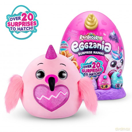 Rainbocorns Eggzania Surprise Mania Daffy the Flamingo - Collectible Plush - Over 20 Surprises Inside, 28 cm, Cuddle Plush Stuffed Animal, Rings, Bracelets, Stickers, Wearable Accessories (Flamingo)