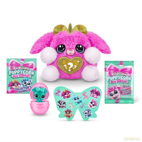 Rainbocorns Puppycorn Bow Surprise, Puppycorn Series 3, Rocket the Pink Karmo - Collectible Plush - 5 Layers of Surprises, Peel and Reveal Heart, Stickers, Slime, Ages 3+ (Pink Karmo)