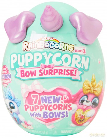 Rainbocorns Puppycorn Bow Surprise, Puppycorn Series 3, Rocket the Pink Karmo - Collectible Plush - 5 Layers of Surprises, Peel and Reveal Heart, Stickers, Slime, Ages 3+ (Pink Karmo)