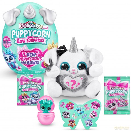 Rainbocorns Puppycorn Bow Surprise, Puppycorn Series 3, Zedd the Dalmatian - Collectible Plush - 5 Layers of Surprises, Peel and Reveal Heart, Stickers, Slime, Ages 3+ (Dalmatian)