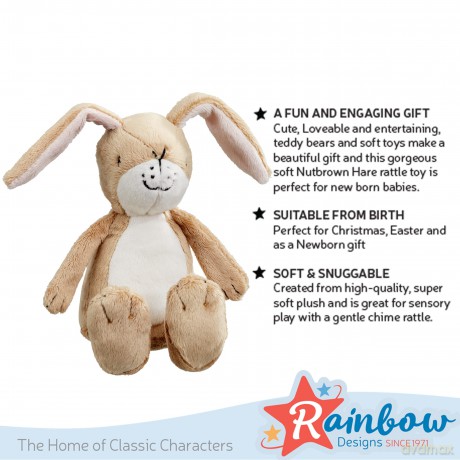 Rainbow Designs Little Nutbrown Hare Rattle Toy - Infant Sensory Toys | Soft Plush Baby Rattle for Newborns