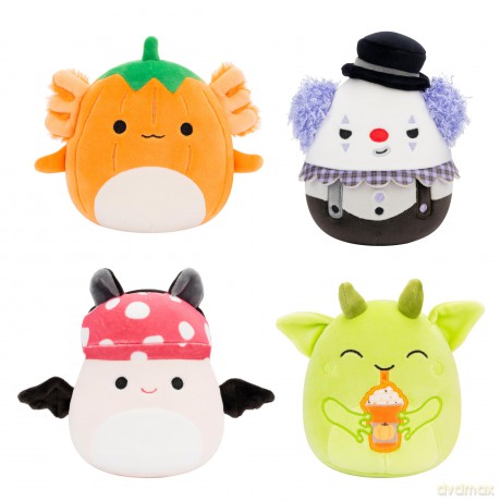 Squishmallows Original 5-Inch Halloween 4-Pack - Gabin Pumpkin Axolotl, Fitzy Goblin Holding Latte, Malcolm Bat Mushroom, Ms. K Purple Clown - Official Jazwares Plush (Little)