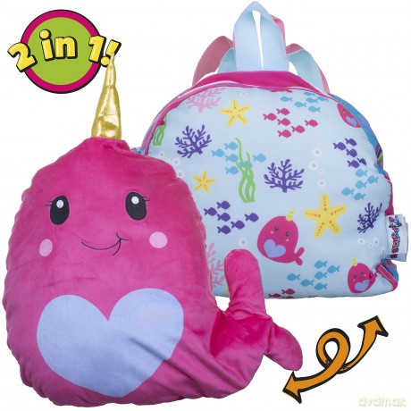 Zipstas Snuggle Pals 2-in-1 Girls Sleepover Bag Reversible Backpack Cuddly Narwhal Whale Soft Toy and Full Sized Bag