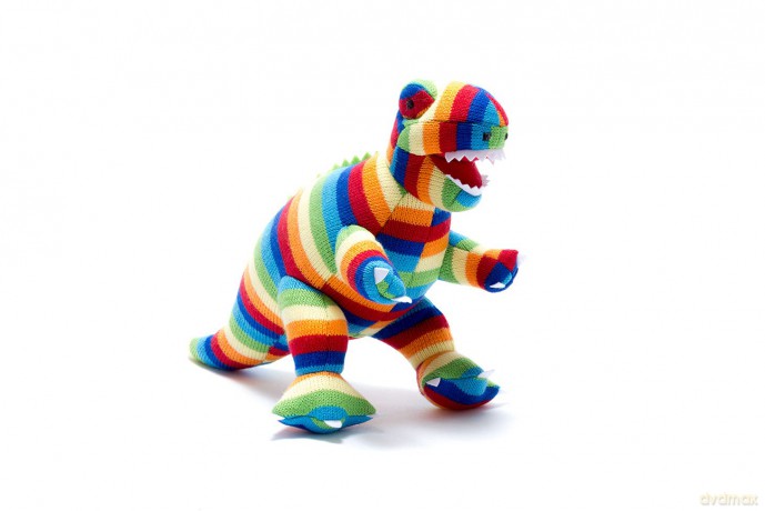 best years original by design Knitted T Rex Dinosaur Soft Toy in Bold Stripes