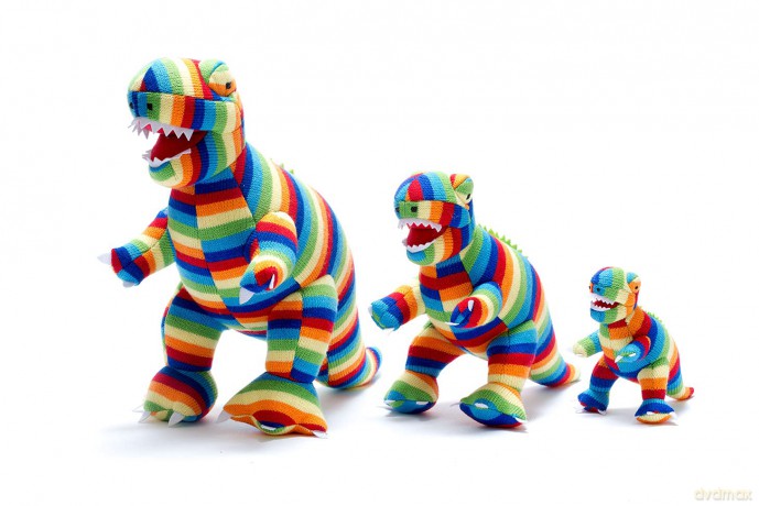 best years original by design Knitted T Rex Dinosaur Soft Toy in Bold Stripes