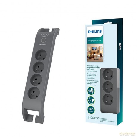 Listwa zasilająca antyprzepięciowa PHILIPS przedłużacz sieciowy 4 gniazda 2m 10A czarna