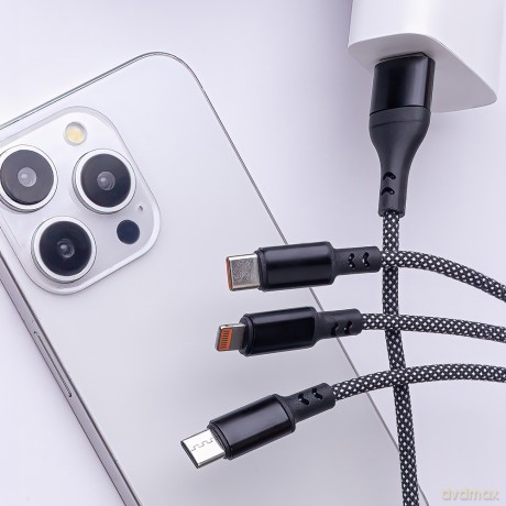 Maxlife kabel ALLin1 USB + USB-C - Lightning + 2x USB-C 1,0 m 66W czarny