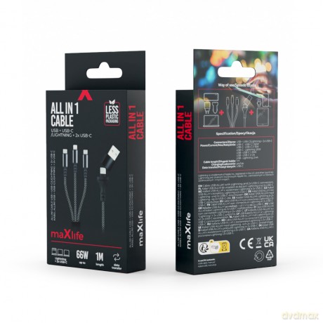 Maxlife kabel ALLin1 USB + USB-C - Lightning + 2x USB-C 1,0 m 66W czarny