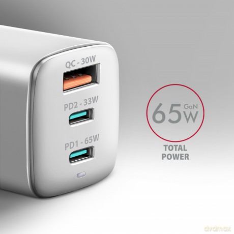 ACU-DPQ65W Ładowarka sieciowa GaN 65W, 3x port (USB-A + dual USB-C) PD3.0/QC4+/PPS/Apple, biała
