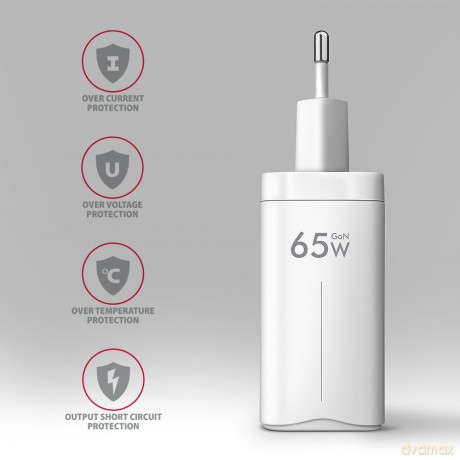ACU-DPQ65W Ładowarka sieciowa GaN 65W, 3x port (USB-A + dual USB-C) PD3.0/QC4+/PPS/Apple, biała