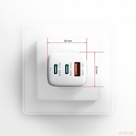 ACU-DPQ65W Ładowarka sieciowa GaN 65W, 3x port (USB-A + dual USB-C) PD3.0/QC4+/PPS/Apple, biała