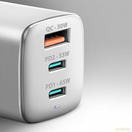 ACU-DPQ65W Ładowarka sieciowa GaN 65W, 3x port (USB-A + dual USB-C) PD3.0/QC4+/PPS/Apple, biała