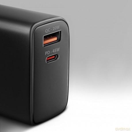 ACU-PQ45 Ładowarka sieciowa 2-port QC3.0,4.0/AFC/FCP/PPS/Apple + PD type-C, 45W, Czarna
