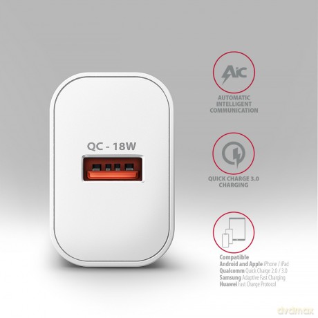 ACU-QC18W Ładowarka sieciowa QC 18W, 1x port USB-A, QC3.0/AFC/FCP/SMART Biała
