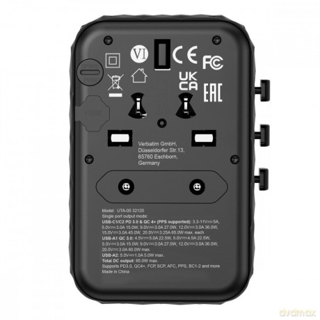 Adapter podróżny UTA-05 32120 ładowarka GaN 65W 180 krajów, 2x USB-C, 2x USB-A, PD 65W, QC 4+