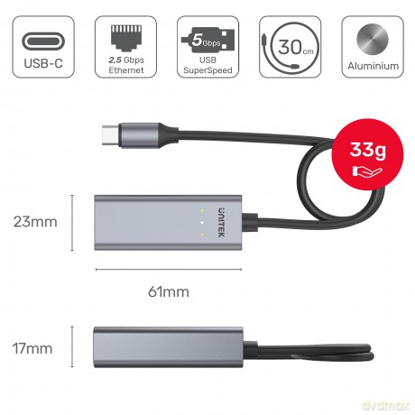 Adapter USB-C 3.1 GEN 1 - RJ45; 2,5 Gbps; M/F; U1313A