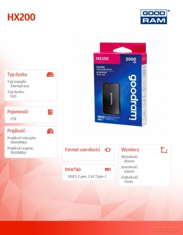 Dysk SSD HX200 2TB USB-C+A 1600/1500MB/s czarny