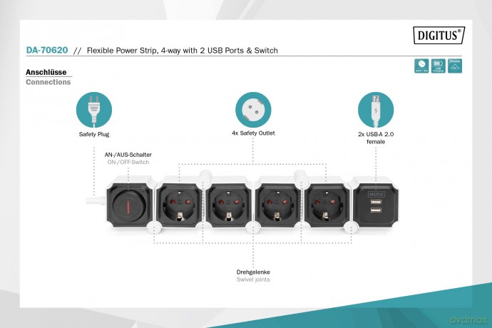 Elastyczna listwa zasilająca biurowa 4 gniazdowa z 2 złączami USB