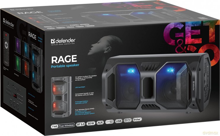 Głośnik Bluetooth Rage 50W LED/Fm/USB/Mic/TWS