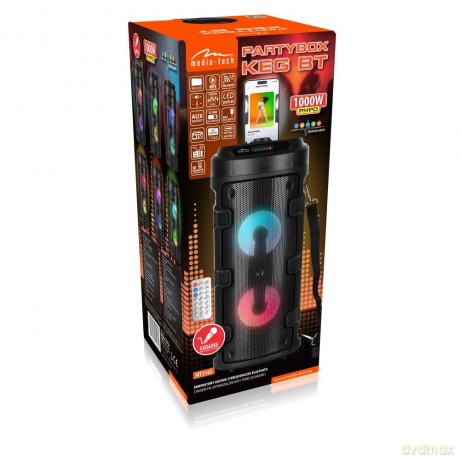 Głośnik PARTYBOX KEG BT MT3165 V2.0 Karaoke/Bluetooth 5.0+EDR/FM/MP3/MicroSD/USB/Equalizer/AUX/Jack 6.3/Pilot/Pasek/USB-C/LED/RMS 40W/PMPO 1000W