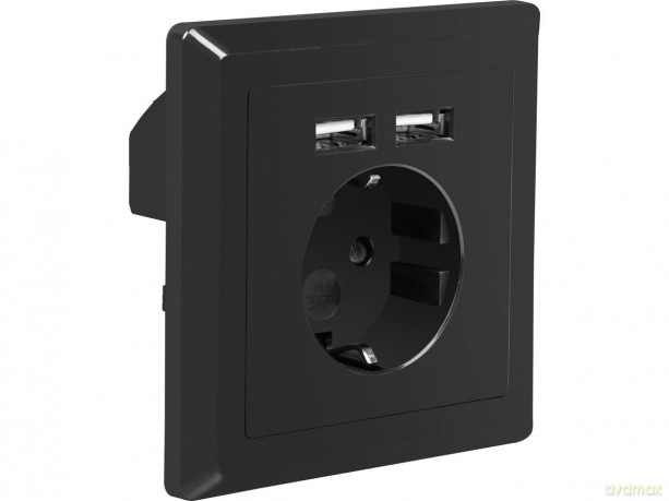 Gniazdo podtynkowe 230V pojedyncze + 2x USB 2.1A schuko czarne