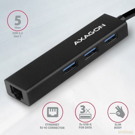 HMA-GL3A Wieloportowy hub 3x USB-A + GLAN, USB3.2 Gen 1, metalowy, 20cm USB-A kabel