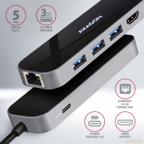 HMC-6GL Wieloportowy hub 3x USB-A, HDMI, RJ-45, USB 3.2 Gen 1 hub, PD 100W 20cm USB-C kabel