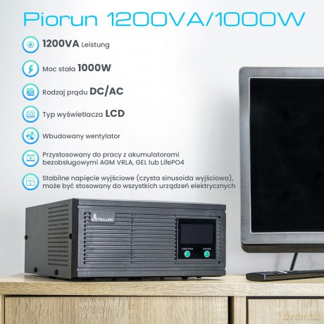 Inwerter Piorun 1200VA 1000W 12 VDC czysta sinusoida